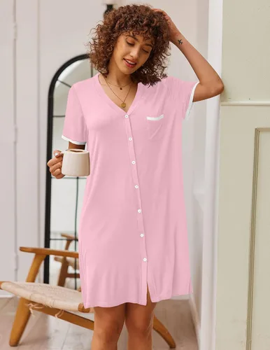 Vista 2 de Ekouaer Camisones para mujer, pijamas con botones, manga corta, cuello en V, ropa de dormir S-3XL