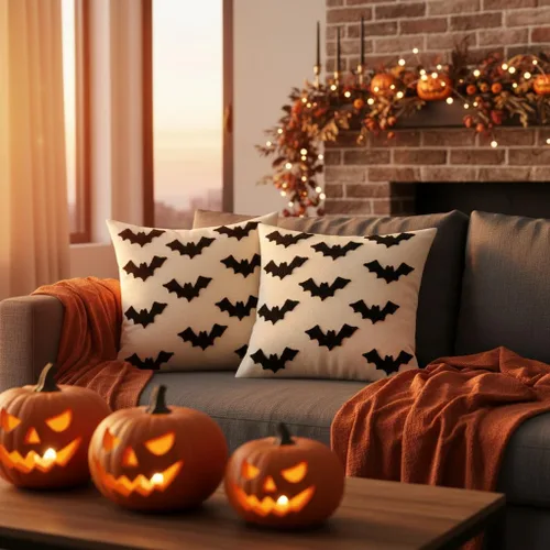 Vista 6 de Juego de 2 fundas de almohada de Halloween de 16 x 16 pulgadas con bordado de murciélagos 3D negros, fundas de almohada de Acción de Gracias, fundas