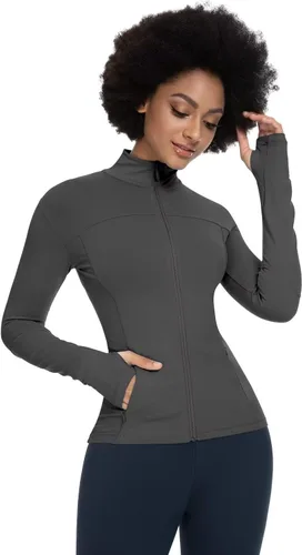 Vista 2 de QUEENIEKE Chaquetas de correr para mujer con cremallera, chaquetas atléticas ajustadas para entrenamiento, gimnasio, yoga, pista, con bolsillos