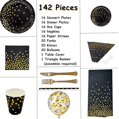 Vista 2 de Juego de suministros de fiesta de 142 piezas de color negro y dorado vajilla de fiesta de lunares dorados que incluye platos llanos de papel negro