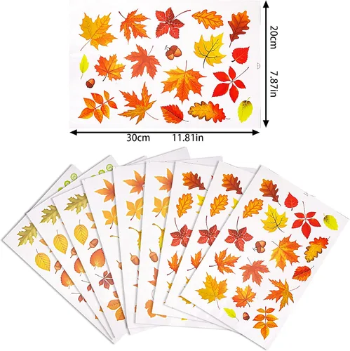 Vista 7 de 174 calcomanías de hojas de otoño para ventana, 9 hojas de arce, conos de pino, calcomanías estáticas de ventana para el día de Acción de Gracias