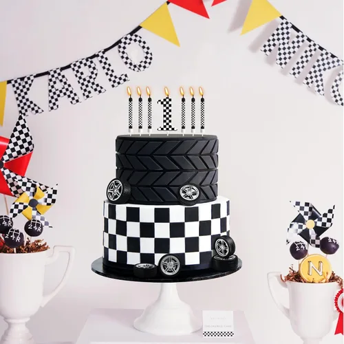 Vista 4 de 13 velas de cumpleaños temáticas de coches de carreras, número 1 vela a Velas de pastel de cumpleaños a cuadros en blanco y negro para decoración