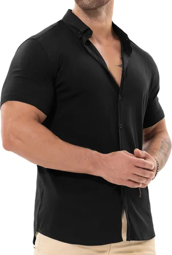 Vista 3 de Askdeer Camisas de vestir musculosas para hombre, ajustadas, manga corta, elásticas, casuales, con botones