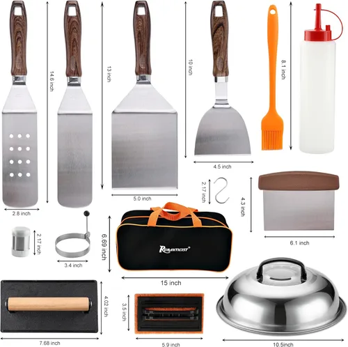 Vista 2 de ROMANTICIST Juego de 29 accesorios para plancha – Juego de espátula de teppanyaki con raspador, cubierta de hilvanado para chef de campamento