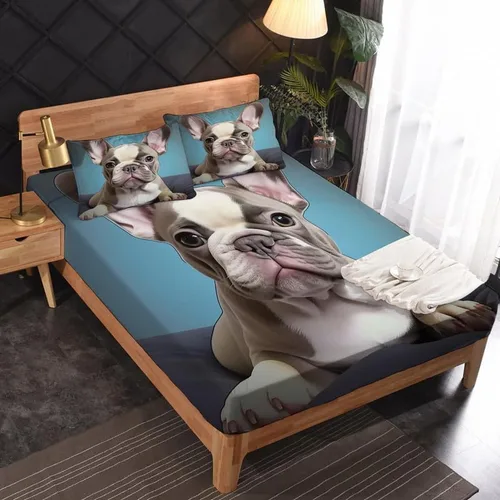 Vista 2 de Juego de sábanas de bulldog francés tamaño individual, sábanas de microfibra suave y bolsillo profundo, sábanas y fundas de almohada estampadas sin