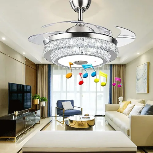 Vista 8 de HNDDS - Ventilador de techo Bluetooth de 42 pulgadas con luces, ventilador de techo de cristal de lujo con hoja retráctil, ventilador inteligente
