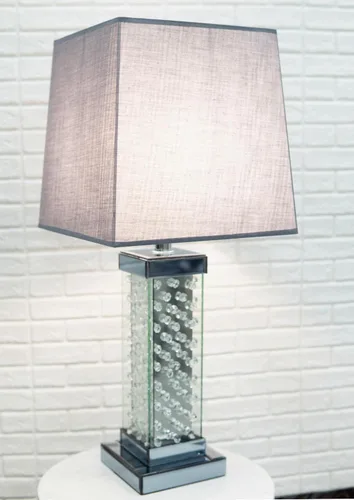Vista 9 de Ebros Gift Moderna y elegante lámpara de mesa rectangular con cristales flotantes biselados de cristal y metal, con pantalla de tela gris, acento