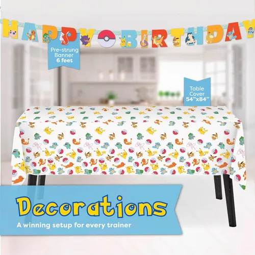 Vista 4 de Decoraciones de cumpleaños de Pokémon con pancarta y mantel