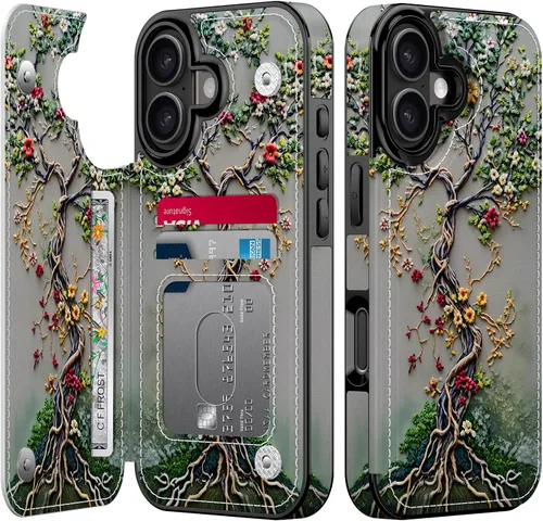 Vista 107 de FUNMIKO Funda tipo cartera para iPhone 15 con tarjetero + clip para efectivo, bloqueo RFID, protección contra caídas de grado militar y obras