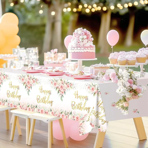 Vista 4 de Avezano 3 piezas de decoración de fiesta de oro rosa, manteles florales de feliz cumpleaños para niñas y mujeres, suministros de fiesta