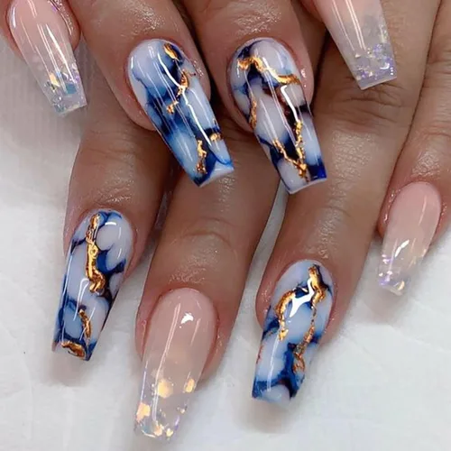 Vista 10 de 24 uñas postizas cuadradas de color negro brillante, de cobertura completa, con diseños de notas musicales, uñas postizas acrílicas con pegamento