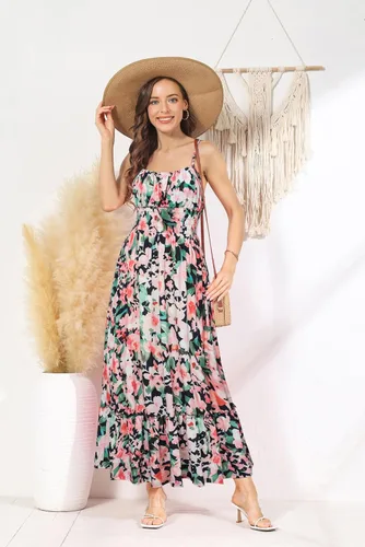 Vista 2 de GRACE KARIN Vestido largo de verano para mujer, casual, sin mangas, con tirantes delgados, volantes, acampanado, para la playa, con bolsillos