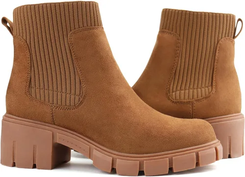 Vista 3 de JABASIC Botas de tobillo gruesas para mujer, botas Chelsea elásticas