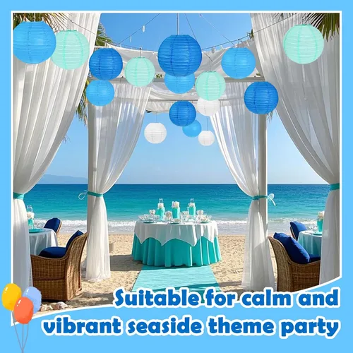 Vista 5 de 12 Linternas de Papel Azul, Blanco y Verde Menta de Tamaños Variados (6" 8" 10" 12") para Decoración del Hogar, Boda, Cumpleaños, Decoraciones