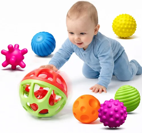 Vista 13 de Pelotas sensoriales, juguetes Montessori con sonajero de bebé de 3 a 6 meses 6 Multiple Textured Stress Balls with Blue Rattle, Bright