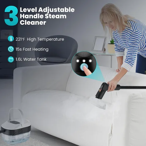 Vista 3 de Limpiador de vapor de mano para el hogar, vapor de alta presión de 2500 W, calentamiento rápido de 15 segundos, tanque de 1.6 L, limpiador de vapor