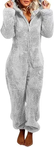 Vista 14 de Pijama de forro polar para mujer, mameluco cálido de sherpa, ropa de dormir de una pieza con cremallera y capucha