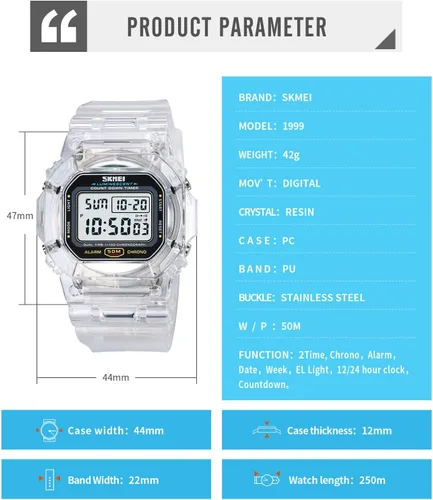 Vista 6 de Gosasa Unisex Square Transparent Digital Watch with Chronograph Timer A Blanco