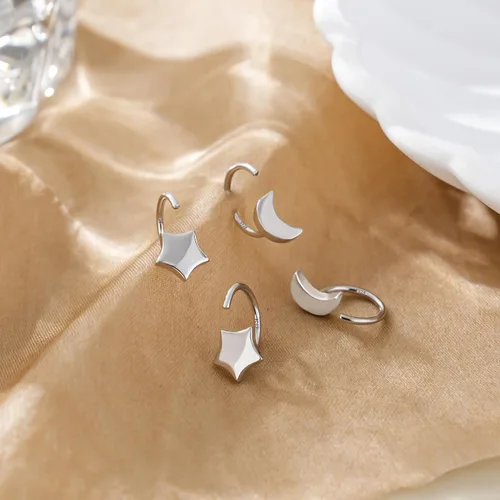 Vista 4 de CHIC & ARTSY Aretes de aro de plata de ley 925, pequeños aretes de aro de bola, barra, estrella, luna, corazón, cruz, punto, triángulo, medio aro
