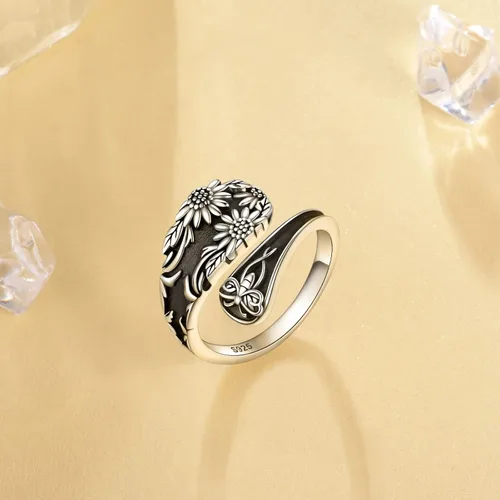 Vista 3 de Anillo de cuchara de girasol Plata de ley Vintage Ajustable Antiguo Cuchara Anillos para Mujer Boho Flor Anillo de pulgar ancho