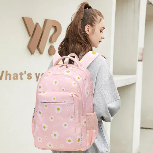 Vista 2 de LEDAOU Mochila escolar para adolescentes, niños y niñas, mochila escolar, mochila de viaje, casual, Margarita Blanca Rosa, Moderno