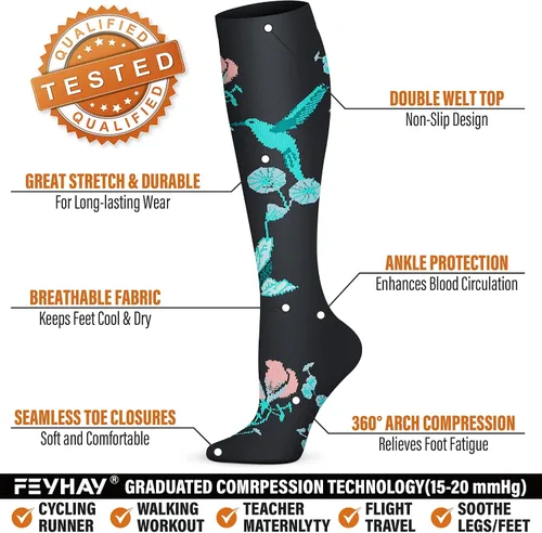 Vista 4 de FEYHAY Calcetines de compresión de cobre (5 pares) de 15-20 mmHg, la circulación es la mejor atlética y diaria para hombres y mujeres, correr