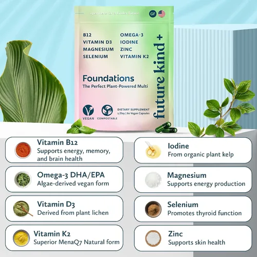 Vista 7 de Future Kind Multivitamínico sin carragenina para mujeres y hombres con omega-3, B12, D3, zinc, yodo, magnesio, K2 y selenio, vegano, bolsa