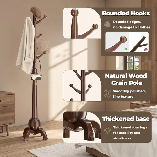 Vista 2 de Perchero de madera independiente, árbol de madera maciza con 8 ganchos, árbol de abrigo independiente resistente con base estable, entrada, pasillo