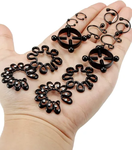 Vista 5 de Piercing de pezón falso, anillos para pezones sin perforación Negro
