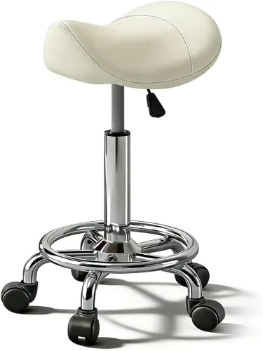 Vista 7 de Taburete con pedal de anillo, silla hidráulica ajustable con ruedas para uso médico, masaje, salón, spa, cocina y dibujo Blanco