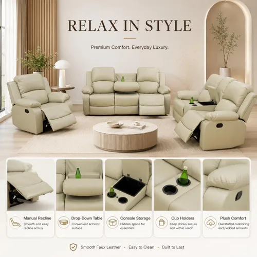 Vista 4 de Juego de sofá reclinable manual de 3 piezas, juego de muebles de sala de estar de tela beige con sofá reclinable de 3 asientos, sofá biplaza