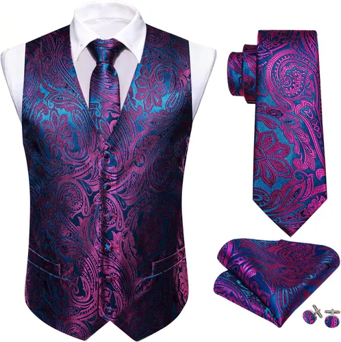 Vista 4 de Barry.Wang Chaleco de traje para hombre Paisley Silk Jacquard Waistcot Tie Set FormalLeisure 5PCS