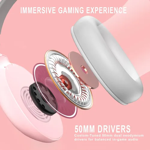 Vista 2 de Emonoo Auriculares para juegos rosa con decoraciones de orejas de gato, auriculares con cable con micrófono de cancelación de ruido y efecto de luz