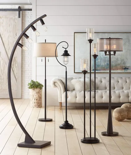Vista 9 de Libby - Lámpara de pie vintage de 3 luces de bronce aceitado ámbar de vidrio semillado regulable antiguo LED Edison bombilla para sala de estar