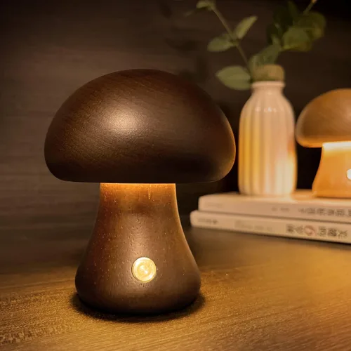 Vista 9 de Lámpara única pequeña de madera con forma de hongos, decoración de setas, lámpara de noche, lámpara de hongo recargable para decoración del hogar