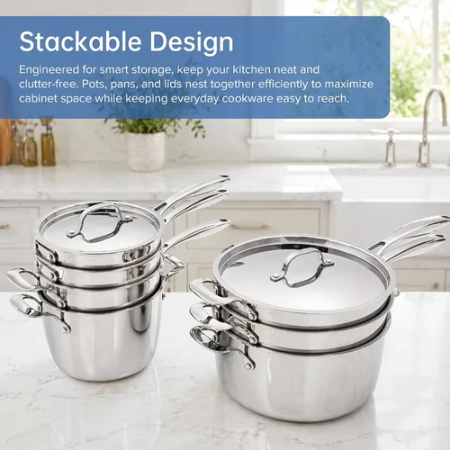 Vista 4 de Nuwave Juego de utensilios de cocina Pro-Smart de acero inoxidable de 9 piezas, construcción resistente de tres capas, asas ergonómicas que se