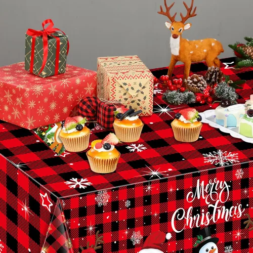 Vista 5 de Tiamon Paquete de 3 manteles de plástico para mesa de Navidad de 54 x 108 pulgadas para mesa rectangular, mantel desechable con diseño de muñeco