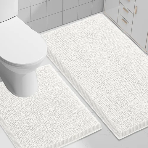 Vista 32 de Juego de alfombras de baño Smiry de 2 piezas, suave alfombra absorbente de chenilla y juego de alfombra en forma de U para inodoro, alfombra de baño