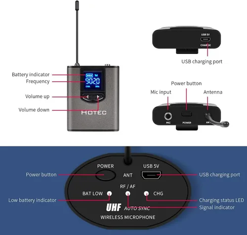 Vista 9 de Hotec Sistema inalámbrico con micrófonos de auriculares duales/micrófonos de solapa Lavalier y transmisores de bodypack y un mini receptor