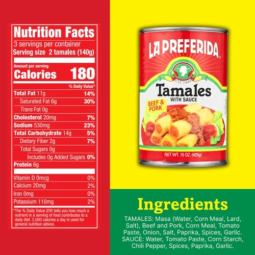Vista 2 de La Preferida Tamales de carne de res y cerdo abundantes Tamales mexicanos enlatados en salsa roja, 15 onzas (paquete de 2)