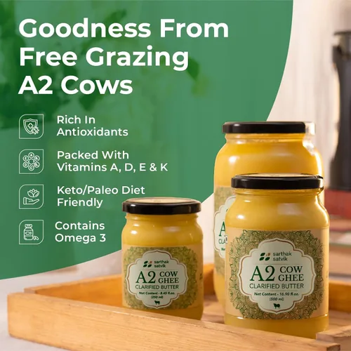 Vista 3 de Sarthak Satvik A2 Cow Ghee - Mantequilla clarificada alimentada con pasto, 16.90 onzas sin sal y original, hecha en Bilona antigua, pastoreo libre