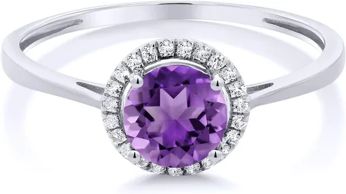 Vista 63 de Gem Stone King Anillo de compromiso de boda de oro blanco de 10 quilates con piedra natal y halo de diamantes Redondo de 0.236 in Anillo de oro