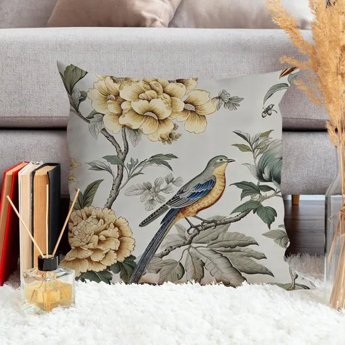 Vista 4 de ArogGeld Funda de cojín para sofá de granja con diseño de pájaro chinoiserie amarillo y gris, peonía, pavo real, decoración del hogar, funda