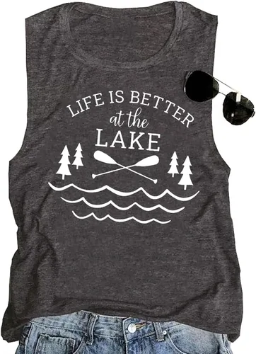 Vista 2 de Lake Life - Camiseta sin mangas para mujer, casual, de verano, sin mangas, con gráfico, modo lago, camiseta divertida para vacaciones, vacaciones