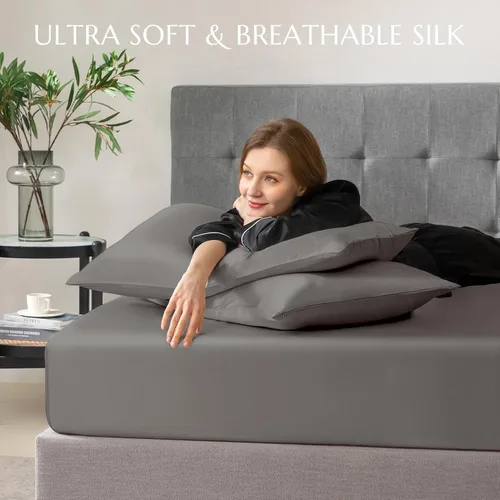 Vista 75 de THXSILK Juego de sábanas bajeras de 100% seda de morera, 3 piezas de seda 7A+, transpirable, suave, sábana bajera de 16 pulgadas de profundidad, 2