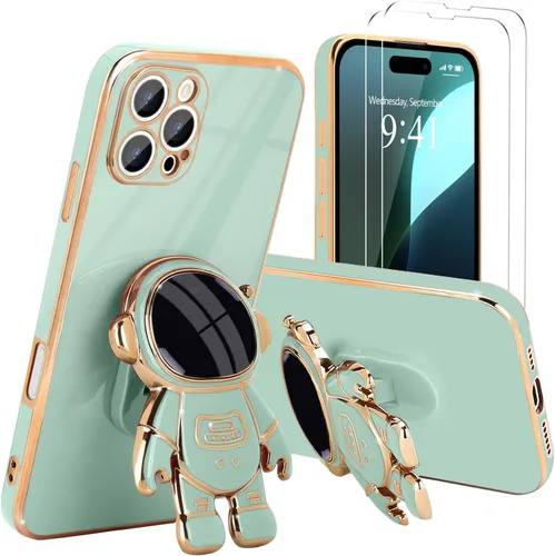 Vista 47 de Pepmune - Funda para iPhone 15 con soporte de astronauta 3D, color negro [2 Screen Protector], Luxury Electroplated Soft TPU Cover with Kickstand
