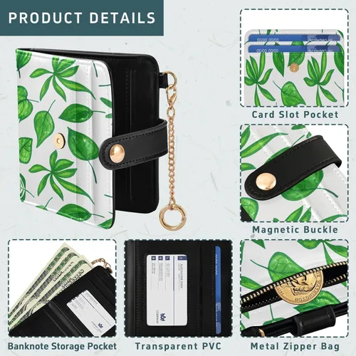 Vista 5 de Qilmy Green Leaves Compact Women's Wallet - RFID Blocking Bifold Card Case PU Leather Slim Travel Wallet with Zipper Coin Pocket, ID Window &