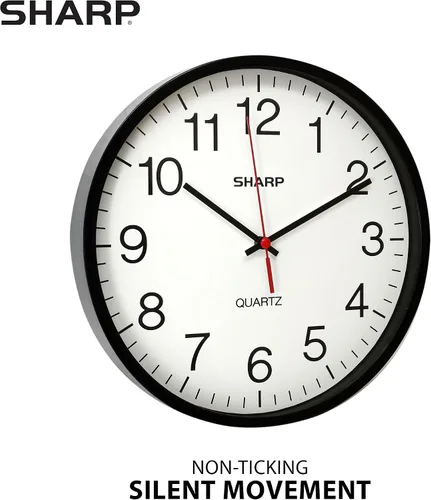 Vista 2 de Sharp Reloj de pared silencioso sin tictac de cuarzo de calidad de 10 pulgadas, funciona con pilas, redondo, fácil de leer para el hogar, cocina