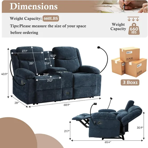 Vista 2 de Sofá reclinable de dos plazas con consola, color azul Manual Recliner Loveseat with Phone Holders, Storage Drawer, Cup Holders, Side Pockets, Dual