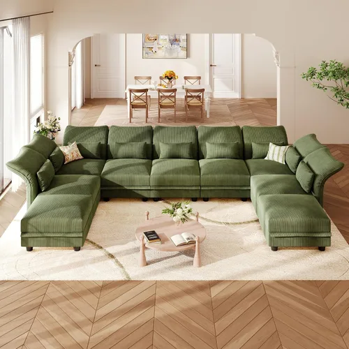 Vista 15 de LLappuil - Sofá seccional en forma de L con almacenamiento, sofás seccionales modulares beige de pana para sala de estar con brazos y respaldos Pana